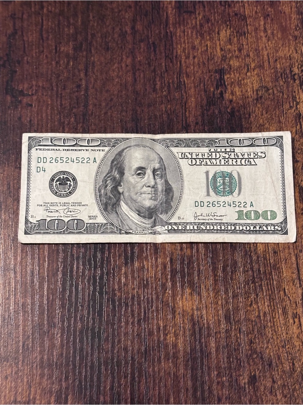 Series 2003 100 Dollar Bill Great Condition With Fancy Serial Number DD26524522A